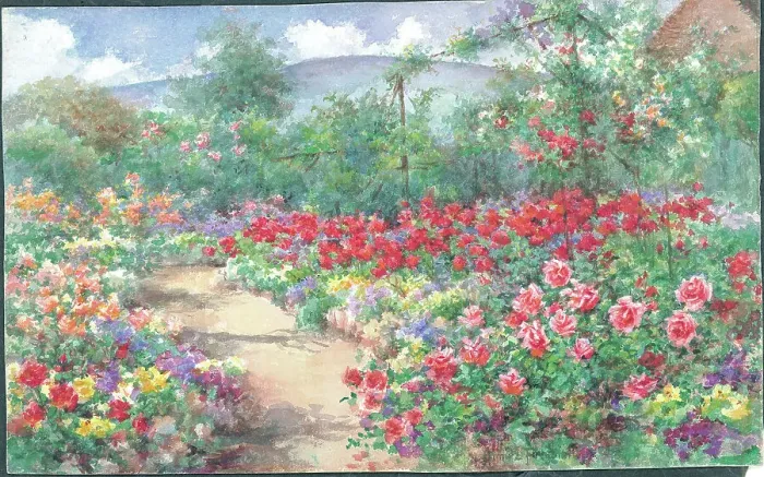 Framed Print : In the Rose Garden'. Garden with path and flower borders Framed Print : In the Rose Garden'. Garden with path and flower borders
