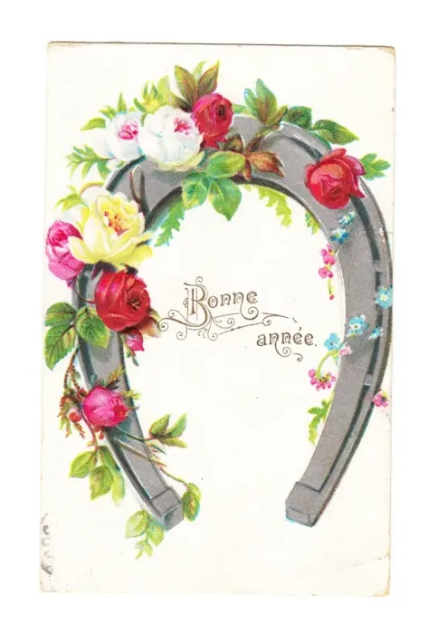 Framed Print : Roses and horseshoe on a French New Year postcard Framed Print : Roses and horseshoe on a French New Year postcard