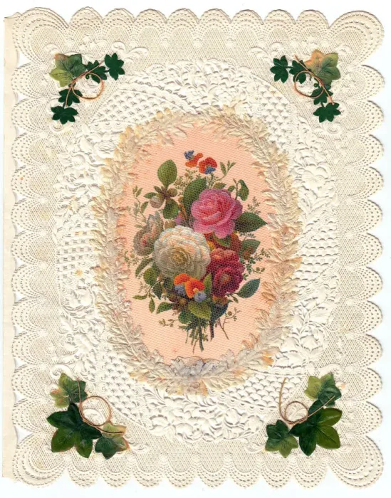 Framed Print : Roses and ivy on a greetings card with lacy white border Framed Print : Roses and ivy on a greetings card with lacy white border