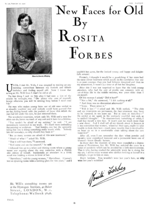 Framed Print : Rosita Forbes endorsing Mr Willi, plastic surgeon Framed Print : Rosita Forbes endorsing Mr Willi, plastic surgeon