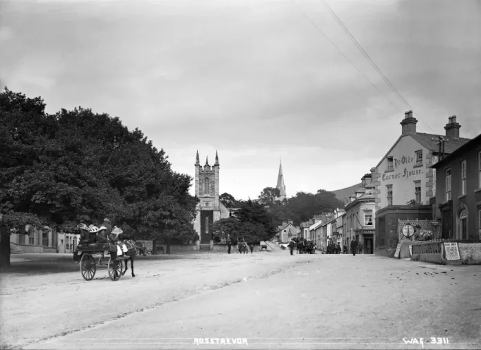 Framed Print : Rostrevor - a view of the square with a public house to the right