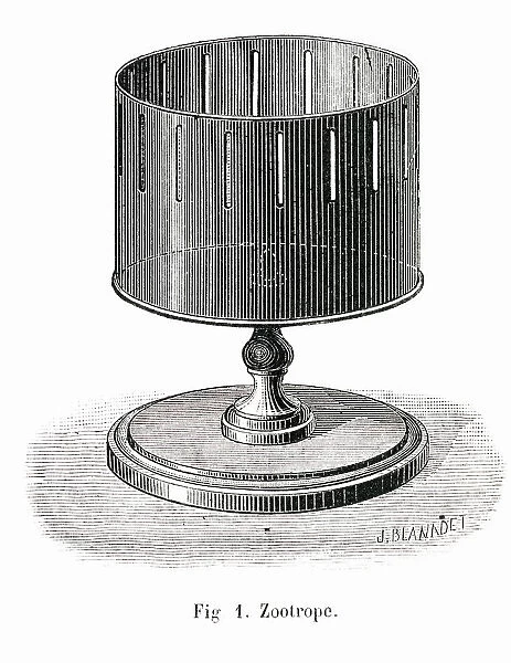 A rotating zootrope : the image seen through the slits as the drum spins give the illusion of movement. Date: 1881