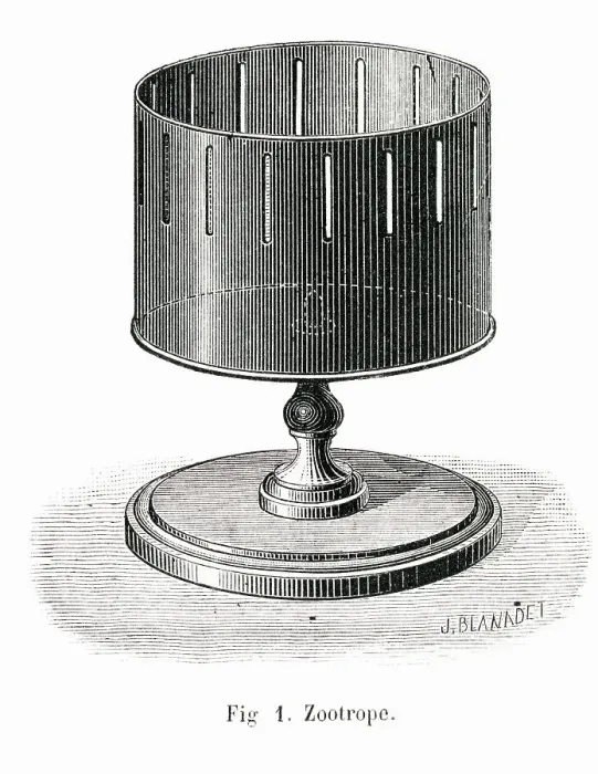 Framed Print : A rotating zootrope : the image seen through the slits as the drum spins give the illusion of movement. Date: 1881 Framed Print : A rotating zootrope : the image seen through the slits as the drum spins give the illusion of movement. Date: 1881
