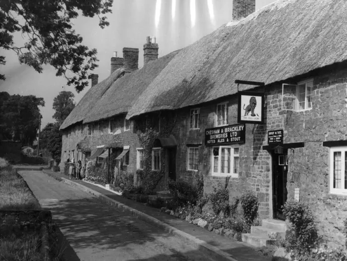 Framed Print : A row of charming old thatched cottages and the thatched Red Lion pub Framed Print : A row of charming old thatched cottages and the thatched Red Lion pub