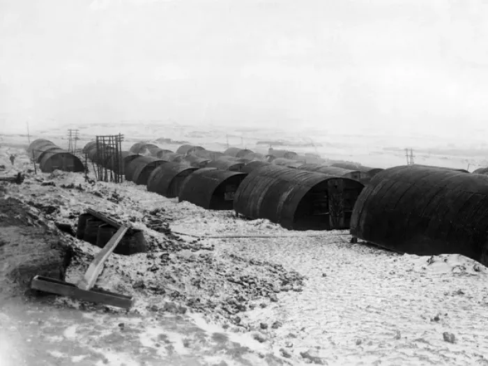 Framed Print : Row of Nissen huts at a rest camp, Western Front, WW1 Framed Print : Row of Nissen huts at a rest camp, Western Front, WW1