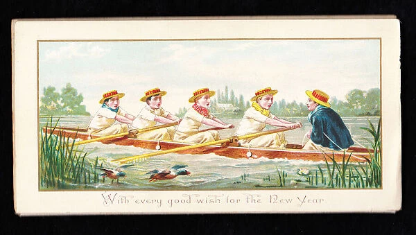 Rowers and cox in a rowing boat on a New Year card