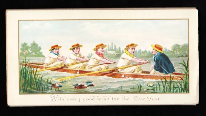 Framed Print : Rowers and cox in a rowing boat on a New Year card Framed Print : Rowers and cox in a rowing boat on a New Year card