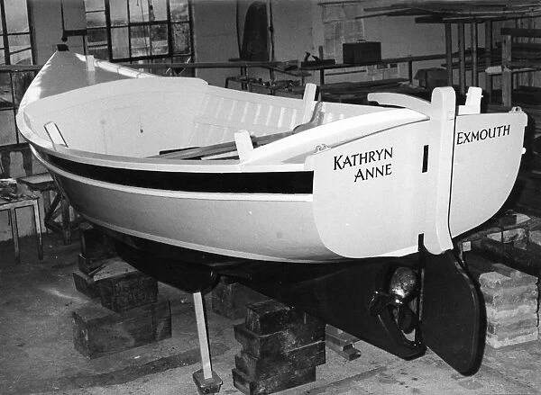 Rowing boat, the Kathryn Anne, in a boatbuilders workshop