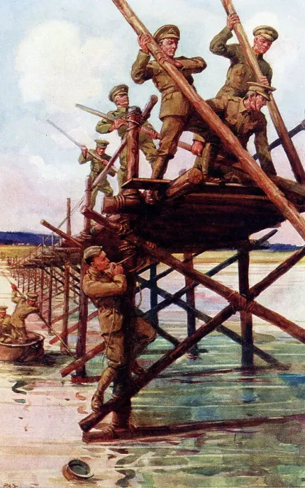Framed Print : Royal Engineers building a Trestle Bridge, WW1 Framed Print : Royal Engineers building a Trestle Bridge, WW1