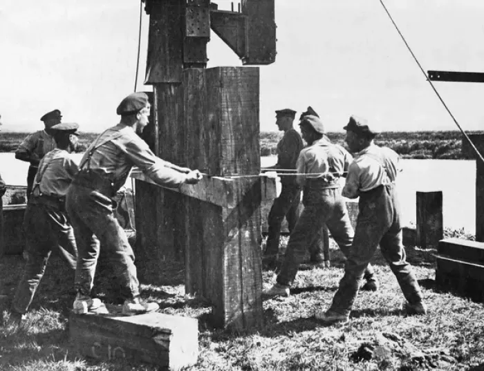 Framed Print : Royal Engineers constructing bridge, Western Front, WW1 Framed Print : Royal Engineers constructing bridge, Western Front, WW1