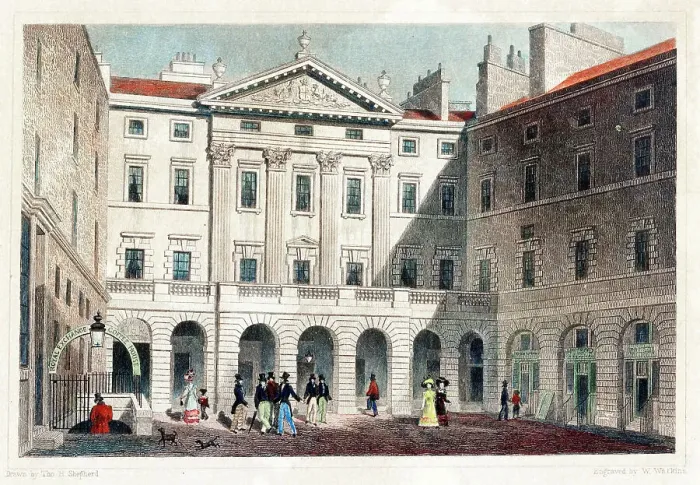Framed Print : The Royal Exchange (and entrance to the Coffee House), High Street, Edinburgh, Scotland. Date: 1829 Framed Print : The Royal Exchange (and entrance to the Coffee House), High Street, Edinburgh, Scotland. Date: 1829