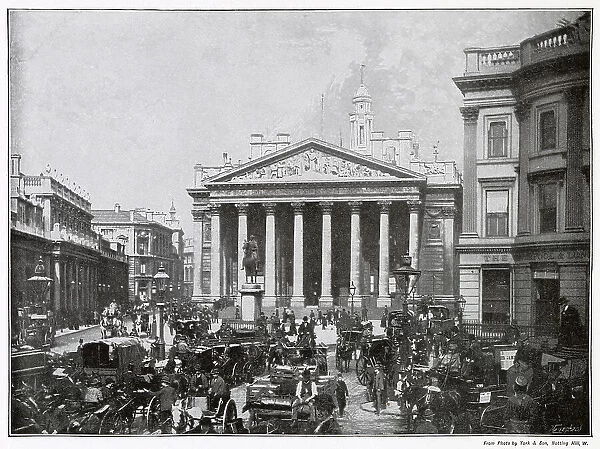 Royal Exchange, London, busy traffic. Date: late 1890s