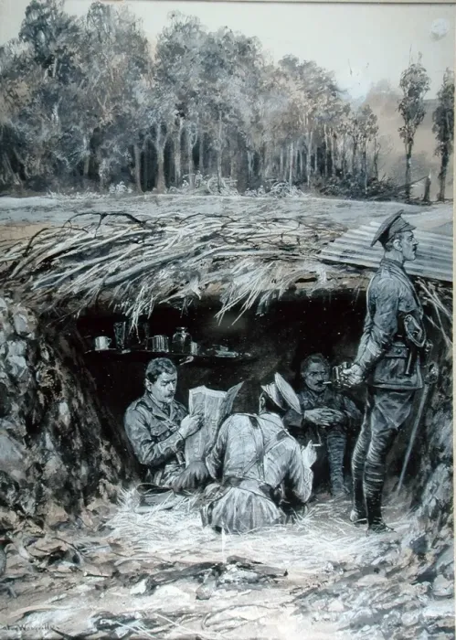 Framed Print : Royal Field Artillery Officers relaxing in a dug-out Framed Print : Royal Field Artillery Officers relaxing in a dug-out