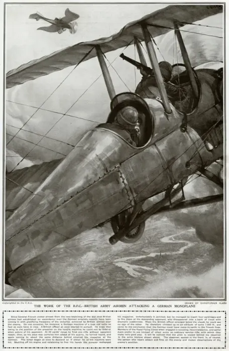 Framed Print : Royal Flying Corps airmen attack a German monoplane, 1914 Framed Print : Royal Flying Corps airmen attack a German monoplane, 1914