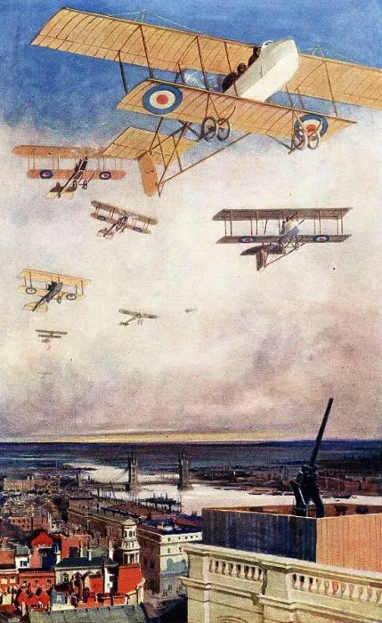 Framed Print : Royal Flying Corps, biplanes over London, WW1 Framed Print : Royal Flying Corps, biplanes over London, WW1