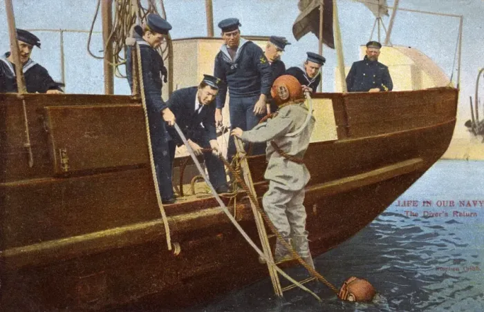 Framed Print : Two Royal Navy Divers return to deck Framed Print : Two Royal Navy Divers return to deck