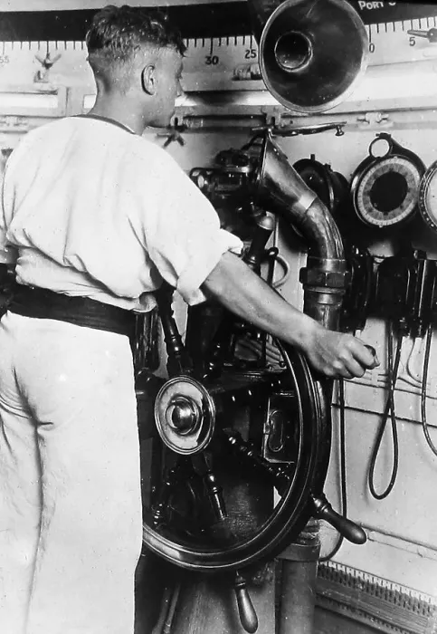 Framed Print : Royal Navy helmsman at the wheel probably 1930s Framed Print : Royal Navy helmsman at the wheel probably 1930s