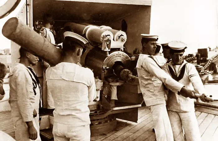 Framed Print : Royal Navy sailors ramming home a projectile probably 1930s Framed Print : Royal Navy sailors ramming home a projectile probably 1930s
