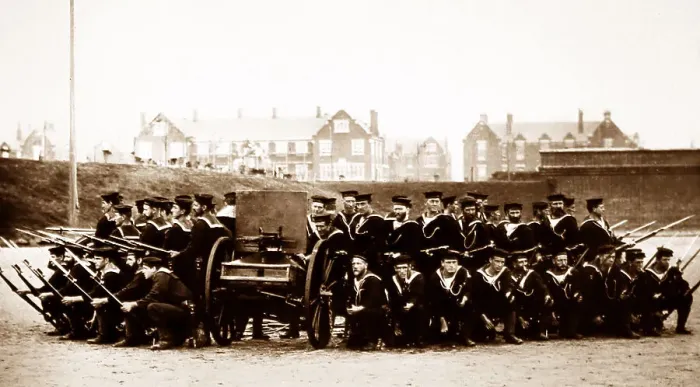 Framed Print : Royal Navy sailors shore drill preparing for a Framed Print : Royal Navy sailors shore drill preparing for a