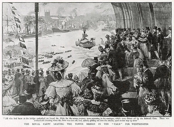 The Royal party leaving Tower Bridge for their return journey for Westminster. Date: 30th June 1894