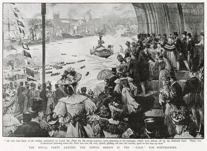 Framed Print : The Royal party leaving Tower Bridge for their return journey for Westminster. Date: 30th June 1894 Framed Print : The Royal party leaving Tower Bridge for their return journey for Westminster. Date: 30th June 1894