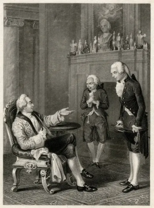 Framed Print : Royal personage with two deferential visitors Framed Print : Royal personage with two deferential visitors