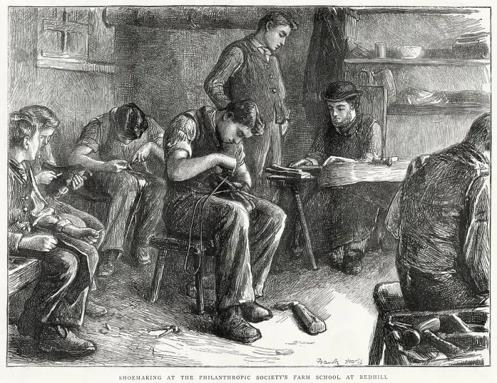 Framed Print : Royal Philanthropic Society at Redhill, Surrey was set up to help homeless boys that were begging or would have entered into crime, a skill that they could apply into adulthood. Date: 1872 Framed Print : Royal Philanthropic Society at Redhill, Surrey was set up to help homeless boys that were begging or would have entered into crime, a skill that they could apply into adulthood. Date: 1872