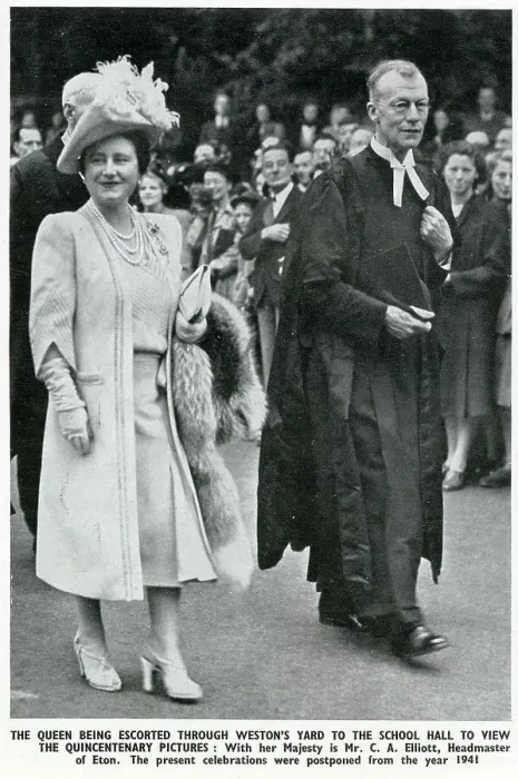 Framed Print : A Royal visit to Eton College by The King and Queen, Queen Elizabeth escorted through Weston's Yard by Headmaster Claude A Elliott Date: 1947 Framed Print : A Royal visit to Eton College by The King and Queen, Queen Elizabeth escorted through Weston's Yard by Headmaster Claude A Elliott Date: 1947