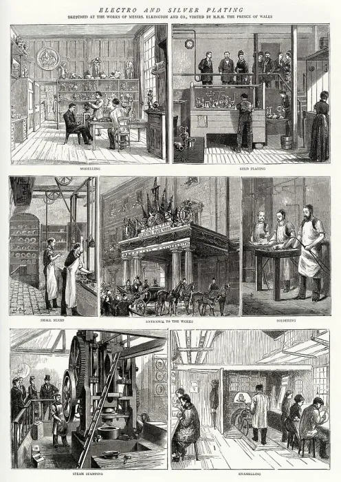 Framed Print : Royal visit by Prince and Princess of Wales (later King Edward VII and Queen Alexandra) to Elkington factory in Birmingham, where electro and silver plating where made. Date: 1874 Framed Print : Royal visit by Prince and Princess of Wales (later King Edward VII and Queen Alexandra) to Elkington factory in Birmingham, where electro and silver plating where made. Date: 1874