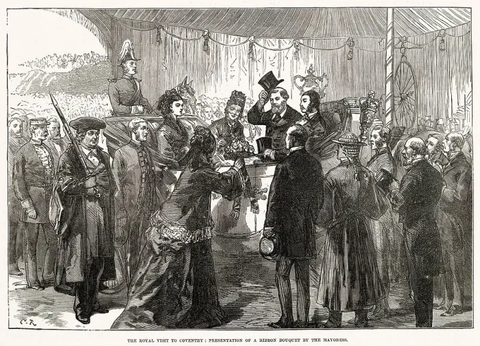 Framed Print : Royal visit by Prince and Princess of Wales (later King Edward VII and Queen Alexandra) to Mr. Joseph Gillott, steel pens manufacture in West Midlands, Birmingham. Presentation of a ribbon bouquet by the Mayoress. Date: 1874