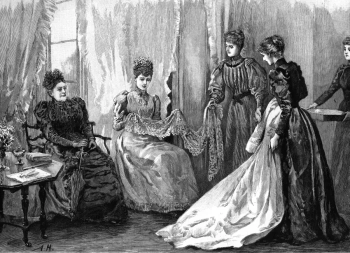 Framed Print : Royal wedding 1893 - buying trousseau materials Framed Print : Royal wedding 1893 - buying trousseau materials