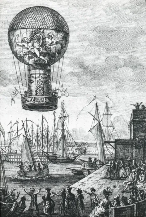 Framed Print : de Roziers Combination balloon over seaport Framed Print : de Roziers Combination balloon over seaport