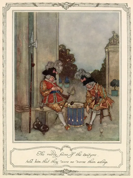 Framed Print : The ruddy faces of the Switzers told him that they were no worse than asleep. Scene from Sleeping Beauty illustrated by Edmund Dulac. Date: 1911 Framed Print : The ruddy faces of the Switzers told him that they were no worse than asleep. Scene from Sleeping Beauty illustrated by Edmund Dulac. Date: 1911