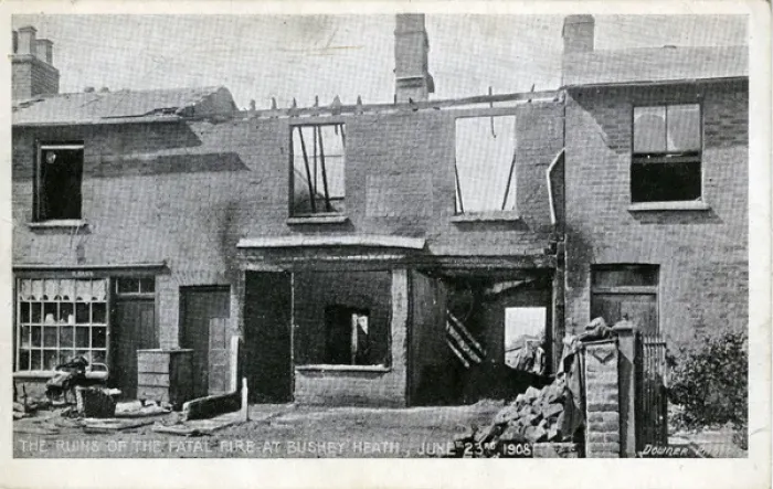 Framed Print : Ruins of Fatal Fire, Bushey Heath, Hertfordshire Framed Print : Ruins of Fatal Fire, Bushey Heath, Hertfordshire