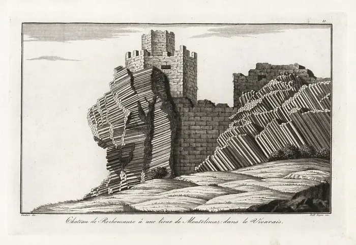 Framed Print : Ruins of Rochemaure castle on an outcrop of basalt prisms, 18th Framed Print : Ruins of Rochemaure castle on an outcrop of basalt prisms, 18th