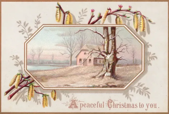 Framed Print : Rural scene with cottage on a Christmas card Framed Print : Rural scene with cottage on a Christmas card