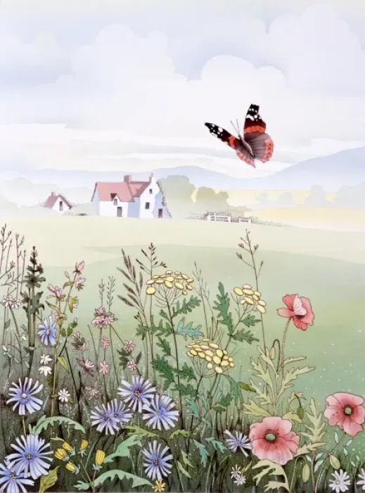 Framed Print : Rural scene with flowers and butterfly