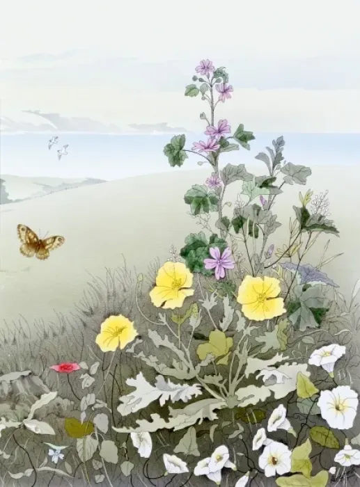 Framed Print : Rural scene with flowers and a butterfly Framed Print : Rural scene with flowers and a butterfly