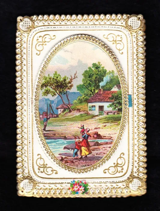 Framed Print : Rural scene with ornate edging on a greetings card