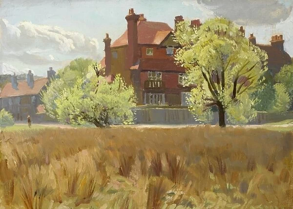 Rural scene with red brick houses