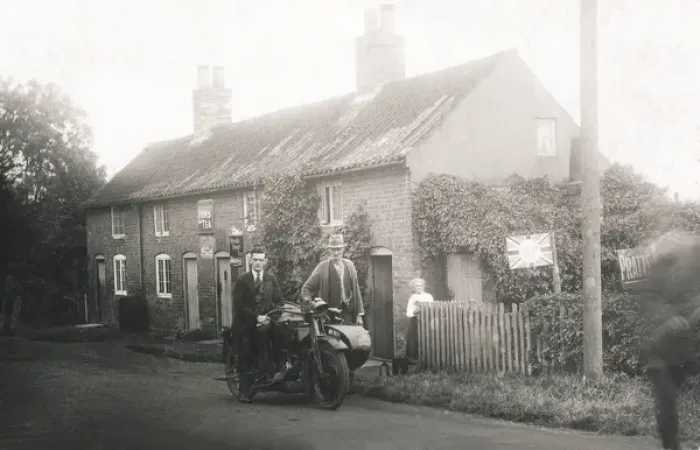 Framed Print : Rural scene showing veteran motorcycle combination & cottage Framed Print : Rural scene showing veteran motorcycle combination & cottage