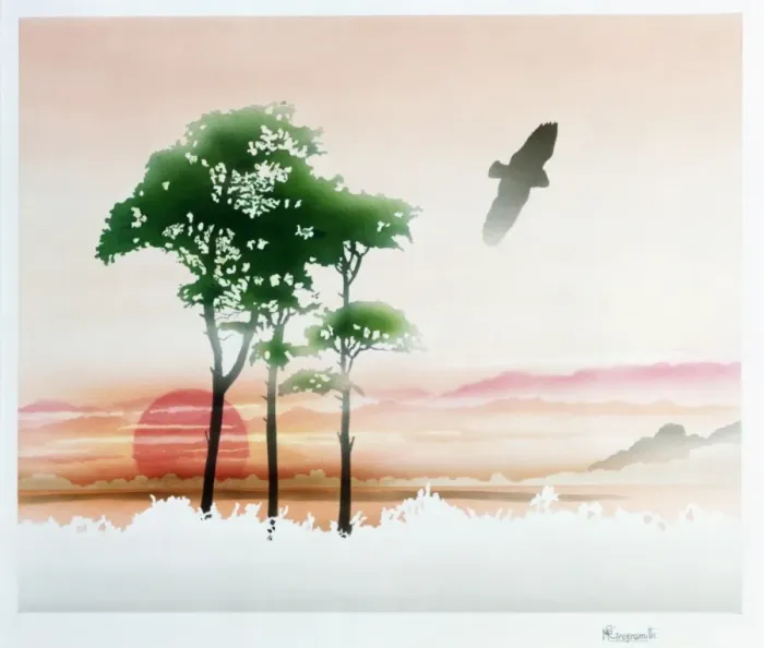 Framed Print : Rural scene with trees and red sunset Framed Print : Rural scene with trees and red sunset