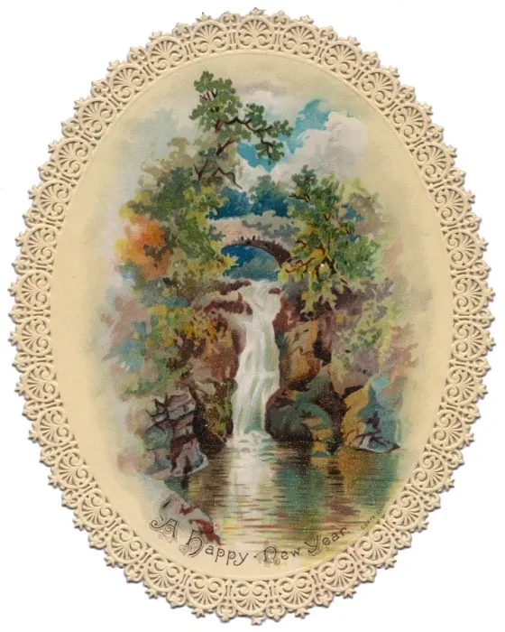 Framed Print : Rural scene with waterfall on a New Year card Framed Print : Rural scene with waterfall on a New Year card
