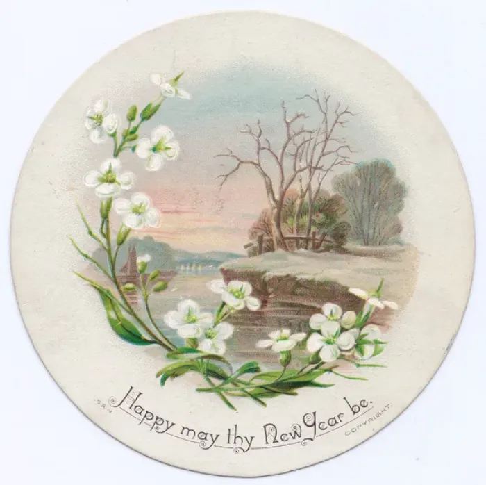 Framed Print : Rural scene with white flowers on a circular New Year card Framed Print : Rural scene with white flowers on a circular New Year card