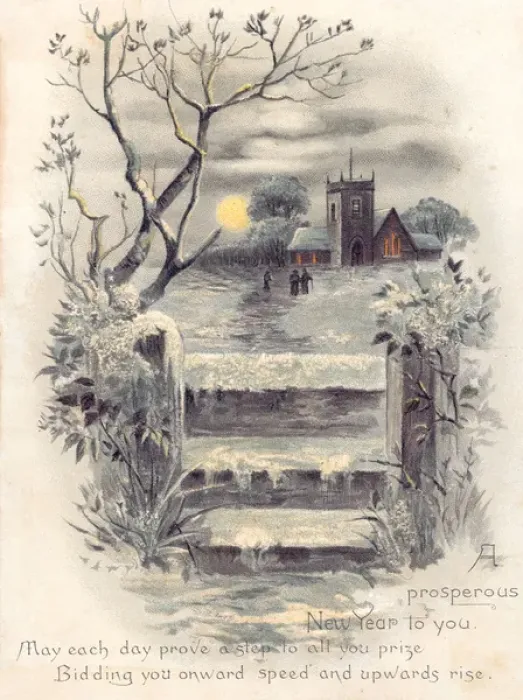 Framed Print : Rural snow scene with church on a New Year card Framed Print : Rural snow scene with church on a New Year card