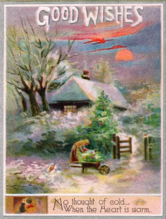 Framed Print : Rural snow scene with cottage on a Good Wishes card Framed Print : Rural snow scene with cottage on a Good Wishes card