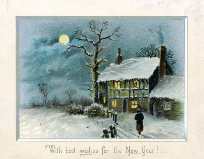 Framed Print : Rural snow scene with cottage on a New Year card Framed Print : Rural snow scene with cottage on a New Year card