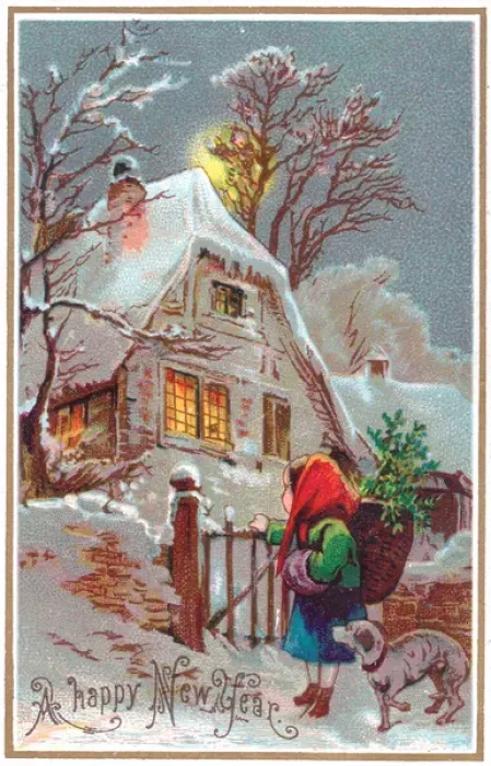 Framed Print : Rural snow scene with cottage on a New Year card Framed Print : Rural snow scene with cottage on a New Year card