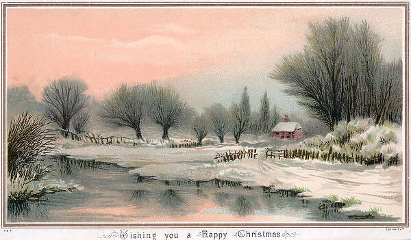 Rural snow scene with pond on a Christmas card