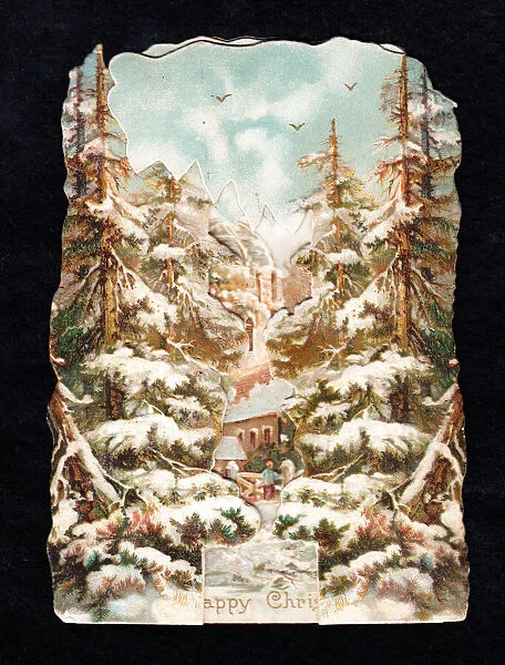 Rural snow scene with trees on a Christmas card